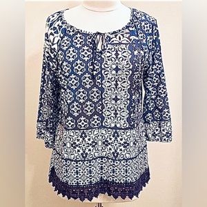 Christopher & Banks Petite Blue White Geometric Long Sleeve Coastal Top Size LP